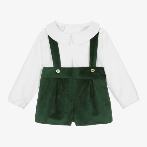 Artesanía Granlei-Boys Green Cotton Velvet Shorts Set | Childrensalon