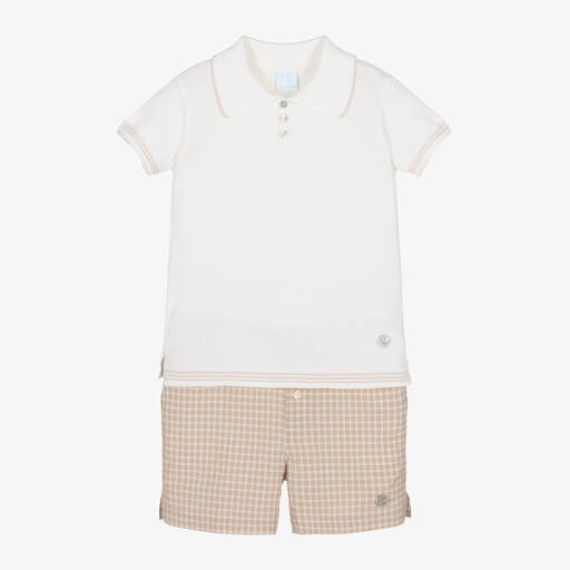 Artesanía Granlei-Boys Ivory & Beige Cotton Shorts Set | Childrensalon