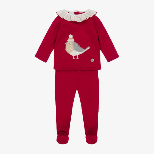 Artesanía Granlei-Boys Red Knitted 2 Piece Robin Babygrow | Childrensalon