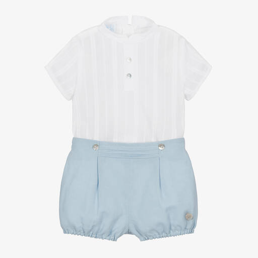 Artesanía Granlei-Boys White & Blue Cotton Buster Suit | Childrensalon
