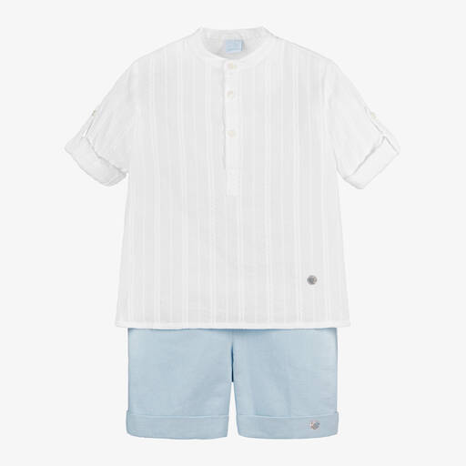 Artesanía Granlei-Boys White & Blue Cotton Shorts Set | Childrensalon