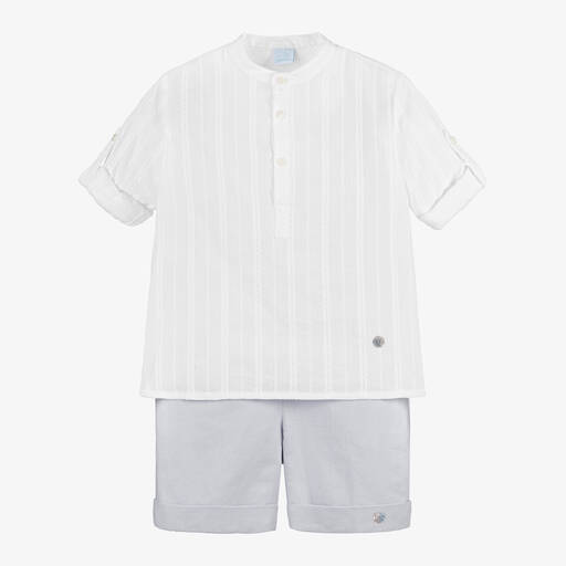 Artesanía Granlei-Boys White & Grey Cotton Shorts Set | Childrensalon