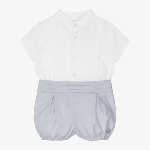 Artesanía Granlei-Boys White & Grey Organic Cotton Shorts Set | Childrensalon