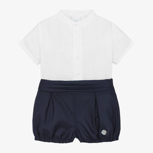 Artesanía Granlei-Boys White & Navy Blue Organic Cotton Shorts Set | Childrensalon