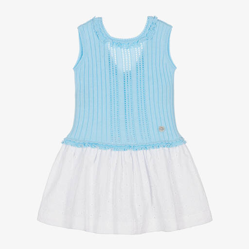 Artesanía Granlei-Girls Blue Cotton Knitted Dress | Childrensalon