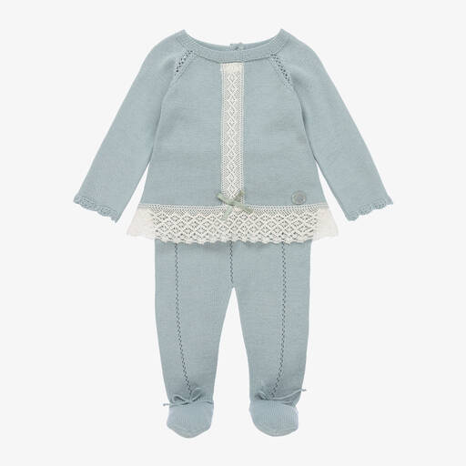 Artesanía Granlei-Girls Blue Knitted Lace 2 Piece Babygrow | Childrensalon