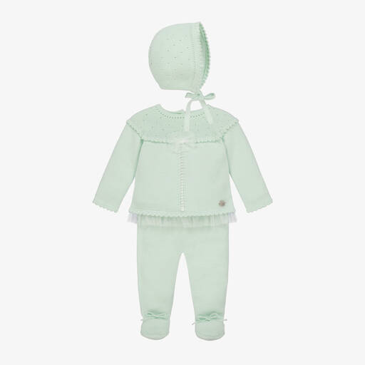 Artesanía Granlei-Girls Green Knitted Babysuit Set | Childrensalon