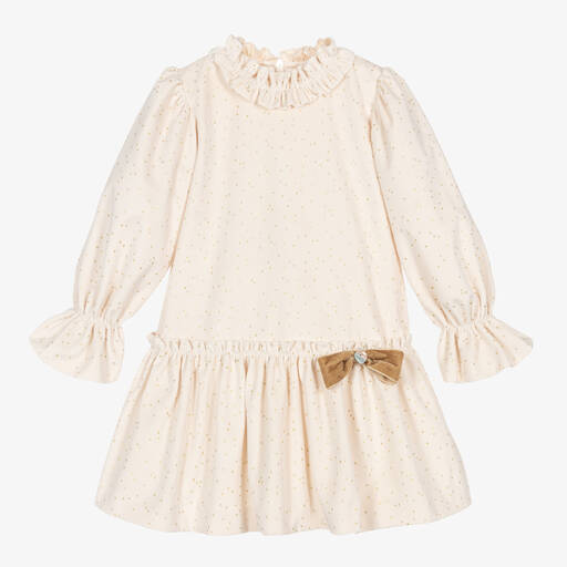 Artesanía Granlei-Girls Ivory & Gold Dots Velvet Dress | Childrensalon