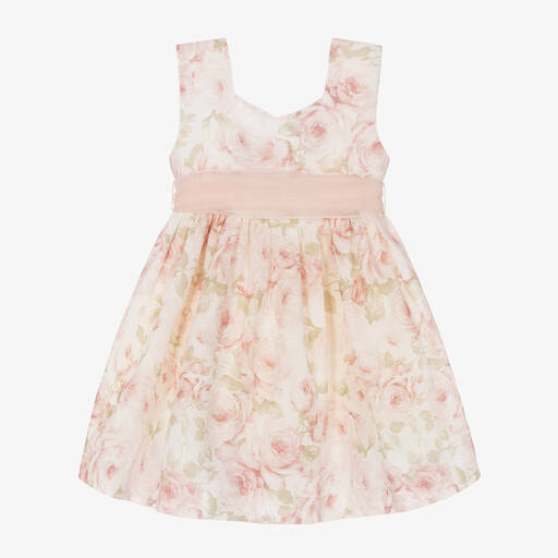 Artesanía Granlei-Girls Pink Floral Cotton & Linen Dress | Childrensalon