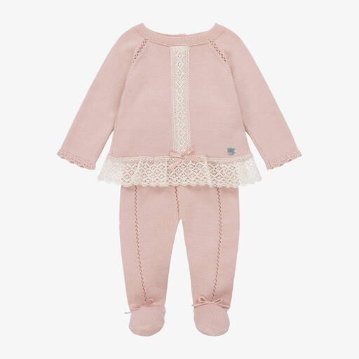 Artesanía Granlei-Girls Pink Knitted Lace 2 Piece Babygrow | Childrensalon