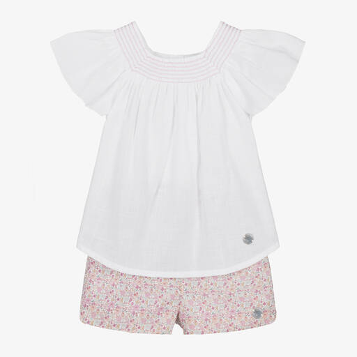 Artesanía Granlei-Girls White & Floral Cotton Shorts Set | Childrensalon