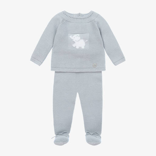 Artesanía Granlei-Grey Elephant Knitted 2 Piece Babygrow | Childrensalon