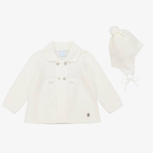 Artesanía Granlei-Ivory Knitted Baby Coat & Hat Set | Childrensalon