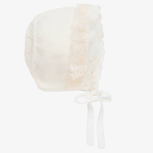 Artesanía Granlei-Lace Trimmed Ivory Knit Baby Bonnet | Childrensalon