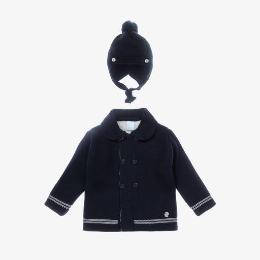Artesanía Granlei-Navy Blue Knitted Pram Coat Set | Childrensalon