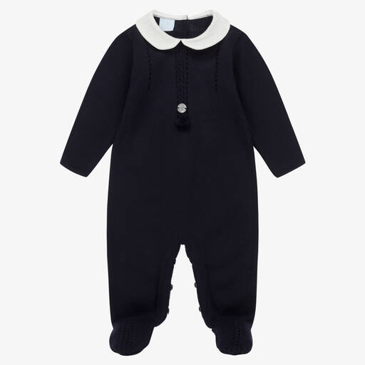 Artesanía Granlei-Navy Blue Pom Pom Knitted Babygrow | Childrensalon