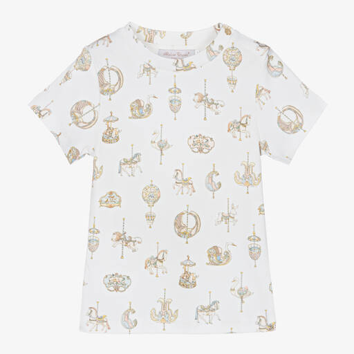 Atelier Choux Paris-White Carousel Print Cotton T-Shirt | Childrensalon