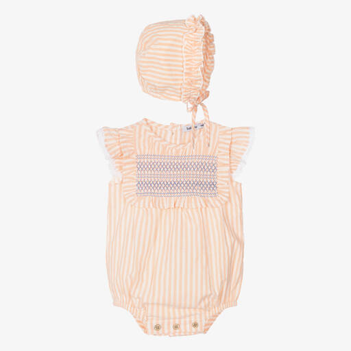 Babidu-Baby Girls Orange Stripe Shortie & Bonnet Set | Childrensalon