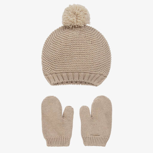 Babidu-Beige Cotton Knit Hat & Mittens Set | Childrensalon