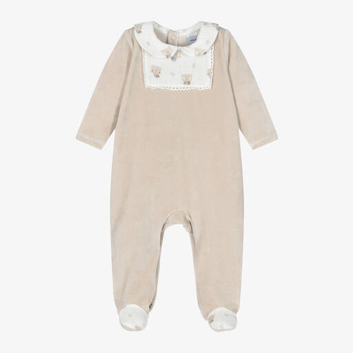 Babidu-Beige Velour Owl Babygrow | Childrensalon