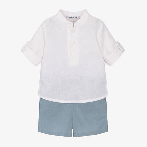 Babidu-Boys Blue Linen & Cotton Shorts Set | Childrensalon