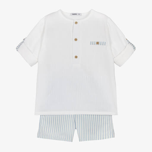 Babidu-Boys Blue Striped Cotton Shorts Set | Childrensalon