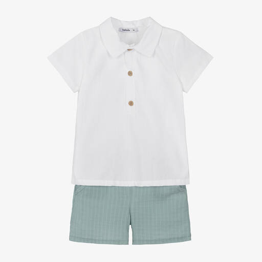 Babidu-Белая футболка и зеленые шорты из хлопка для мальчиков | Childrensalon