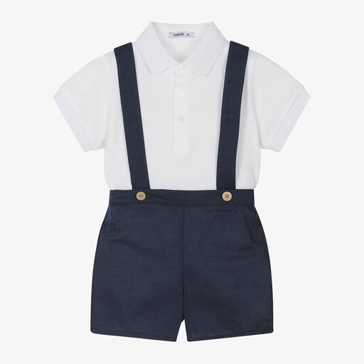 Babidu-Boys White & Navy Blue Cotton Shorts Set | Childrensalon