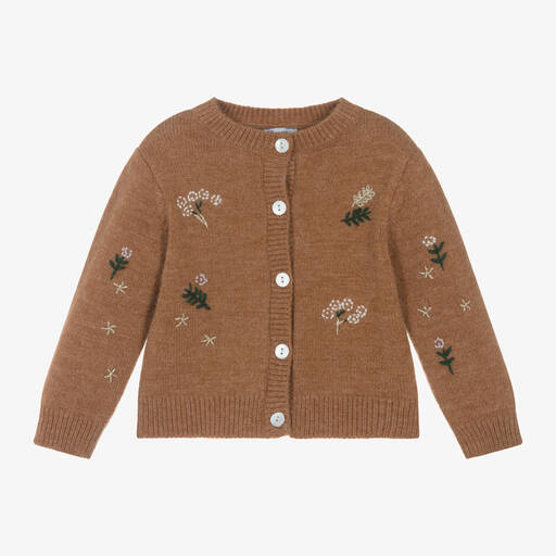 Babidu-Girls Brown Embroidered Flowers Cardigan | Childrensalon