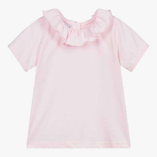 Babidu-Girls Pink Cotton Ruffle Collar T-Shirt | Childrensalon
