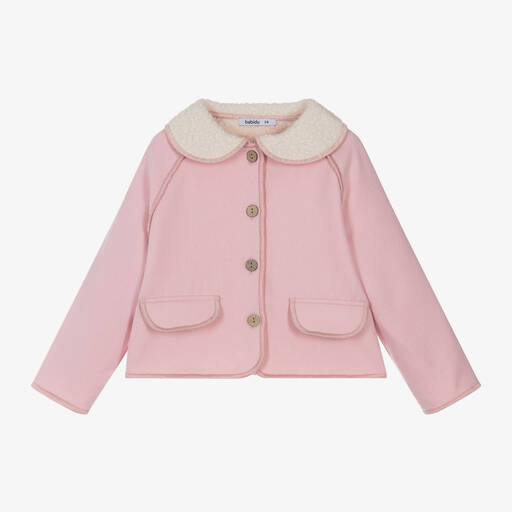 Babidu-Girls Pink Wool & Fleece Jacket | Childrensalon