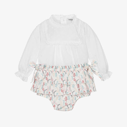 Babidu-Girls White Cotton Leaf Print Shorts Set | Childrensalon