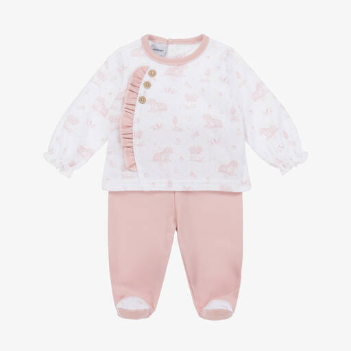 Babidu-Girls White & Pink Cotton 2 Piece Babygrow | Childrensalon