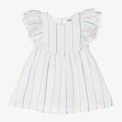 Babidu-Girls White Striped Cotton Dress | Childrensalon