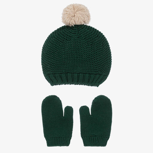Babidu-Green Cotton Knit Hat & Mittens Set | Childrensalon
