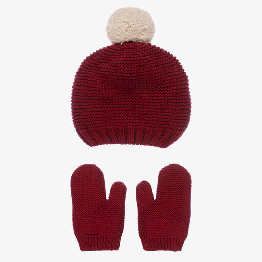 Babidu-Red Cotton Knit Hat & Mittens Set | Childrensalon