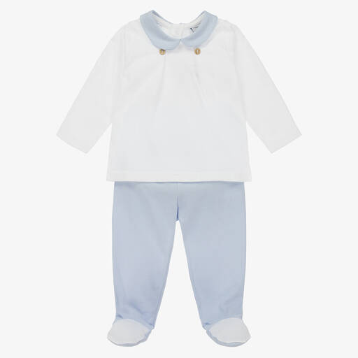 Babidu-White & Blue Cotton 2 Piece Babygrow | Childrensalon