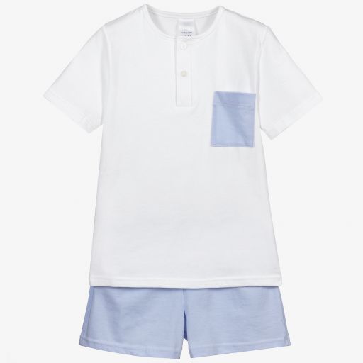 Babidu-Kurzer Schlafanzug in Weiß und Blau | Childrensalon
