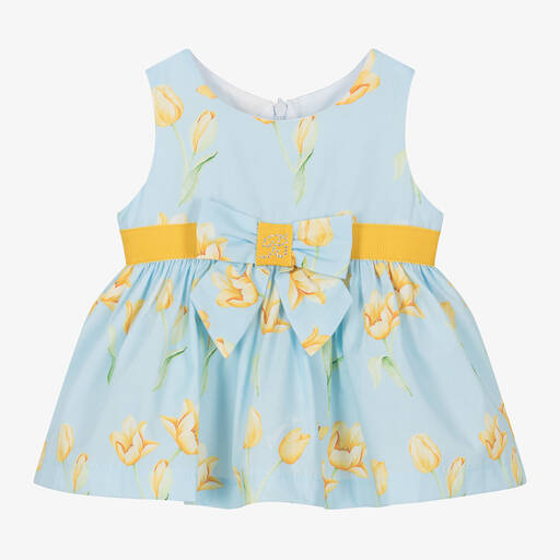 Balloon Chic-Baby Girls Blue Cotton Floral Dress | Childrensalon