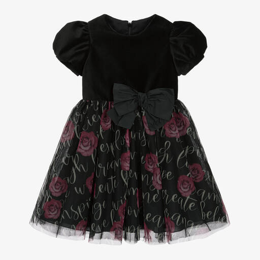 Balloon Chic-Girls Black Velvet & Tulle Rose Dress | Childrensalon