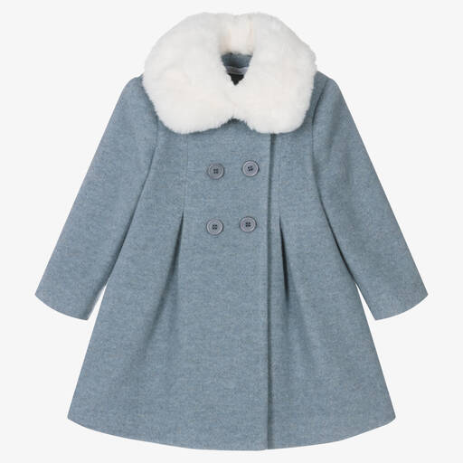 Balloon Chic-Girls Blue Wool Faux Fur Collar Coat | Childrensalon