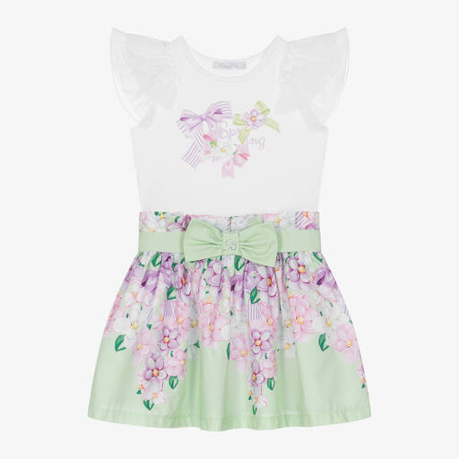 Balloon Chic-Girls Green & White Cotton Skirt Set | Childrensalon