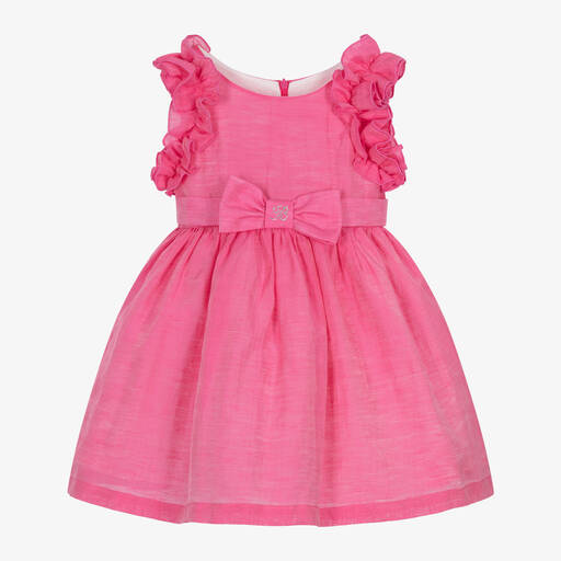 Balloon Chic-Girls Pink Linen Ruffle & Bow Dress | Childrensalon