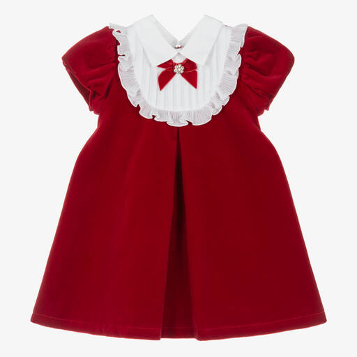 Balloon Chic-Girls Red Cotton Velvet Ruffle Dress | Childrensalon