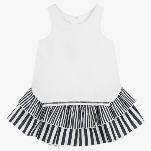Balloon Chic-Girls White & Navy Blue Stripe Hem Dress | Childrensalon