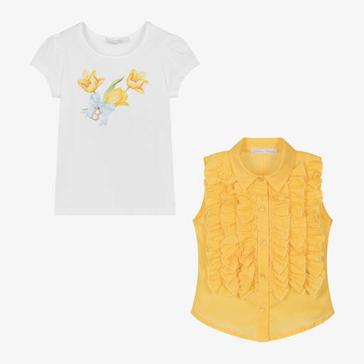 Balloon Chic-Girls White T-Shirt & Yellow Blouse Set | Childrensalon