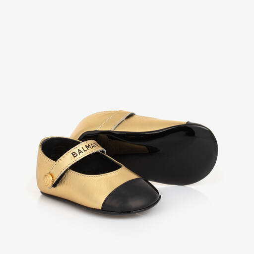 Balmain-Baby Girls Gold Leather Pre-Walkers Shoes | Childrensalon