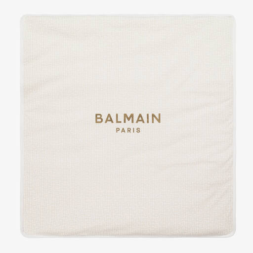 Balmain-Beige Monogram Cotton Blanket (80cm) | Childrensalon