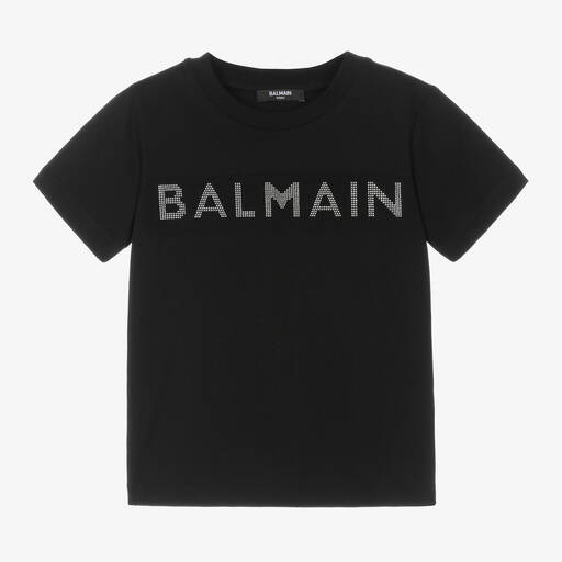 Balmain-Black Diamanté Cotton T-Shirt | Childrensalon