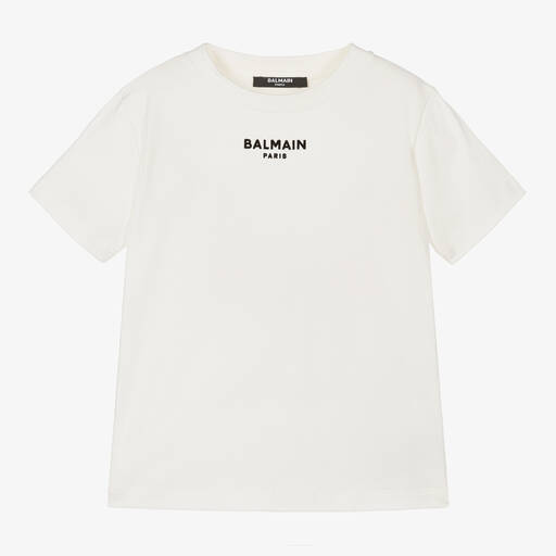 Balmain-Boys Ivory Cotton T-Shirt | Childrensalon